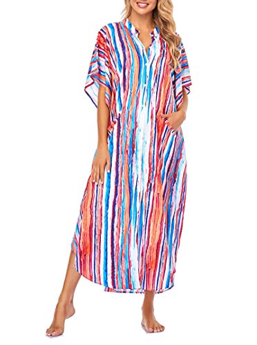 FSMO Damen Maxi Kaftan Tunika Kimono Übergroß Lange Shirt Kleid Mit Tasche Sommer Pareo Cover ups Strandkleid (Einheitsgröße, Regenbogen) von FSMO