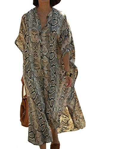FSMO Damen Maxi Kaftan Tunika Kimono Übergroß Lange Shirt Kleid Mit Tasche Sommer Pareo Cover ups Strandkleid (Einheitsgröße, Schlangenabdruck) von FSMO