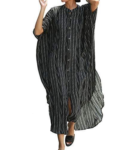 FSMO Damen Maxi Kaftan Tunika Kimono Übergroß Lange Shirt Kleid Mit Tasche Sommer Pareo Cover ups Strandkleid (Einheitsgröße, Schwarz) von FSMO