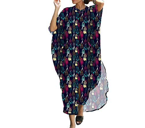 FSMO Damen Maxi Kaftan Tunika Kimono Übergroß Lange Shirt Kleid Mit Tasche Sommer Pareo Cover ups Strandkleid (Einheitsgröße, Schwarz Feder) von FSMO