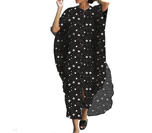 FSMO Damen Maxi Kaftan Tunika Kimono Übergroß Lange Shirt Kleid Mit Tasche Sommer Pareo Cover ups Strandkleid (Einheitsgröße, Schwarz Star) von FSMO