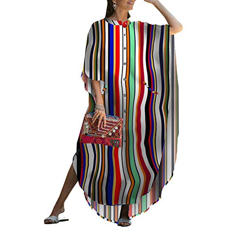 FSMO Damen Maxi Kaftan Tunika Kimono Übergroß Lange Shirt Kleid Mit Tasche Sommer Pareo Cover ups Strandkleid (Einheitsgröße, Streifen) von FSMO