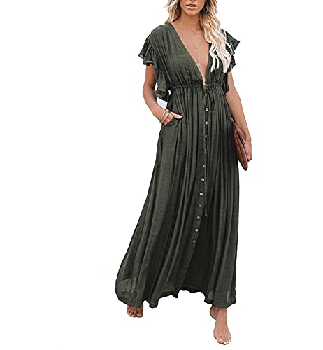 FSMO Damen Sommer Kimono Cardigan Rückenfrei Lange Bikini Cover Up Strandponcho Lose Maxi Kaftan Strandkleid (Einheitsgröße, Dunkelgrün) von FSMO