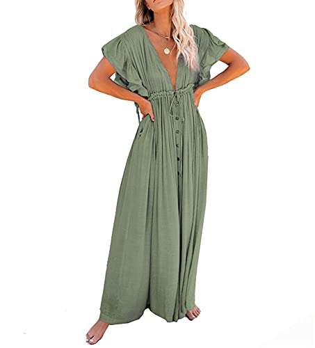 FSMO Damen Sommer Kimono Cardigan Rückenfrei Lange Bikini Cover Up Strandponcho Lose Maxi Kaftan Strandkleid (Einheitsgröße, Hellgrün) von FSMO