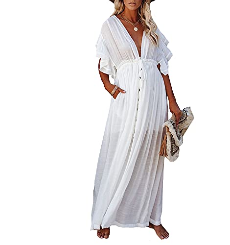 FSMO Damen Sommer Kimono Cardigan Rückenfrei Lange Bikini Cover Up Strandponcho Lose Maxi Kaftan Strandkleid (Einheitsgröße, Weiß) von FSMO