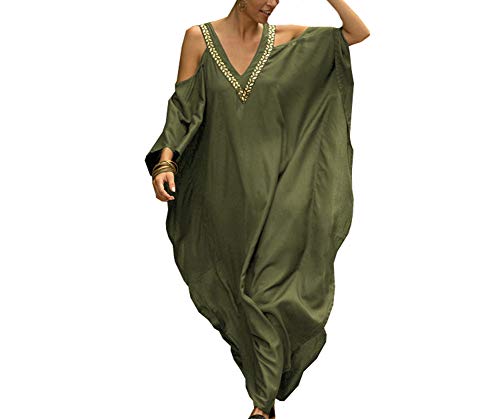 FSMO Damen Strandkleid Baumwolle Bikini Cover Up Lose Kaftan Strandponcho Lang Sommer Pareos Maxikleid Beachwear (Einheitsgröße, Armeegrün) von FSMO