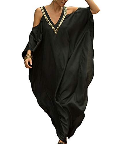 FSMO Damen Strandkleid Baumwolle Bikini Cover Up Lose Kaftan Strandponcho Lang Sommer Pareos Maxikleid Beachwear (Einheitsgröße, Schwarz) von FSMO