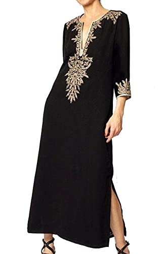 FSMO Damen Strandkleid Bikini Cover Up Strandponcho Lang Kaftan Strand Vertuschen Shirt Freizeitkleid Maxikleid (Einheitsgröße, Schwarz-Gold) von FSMO