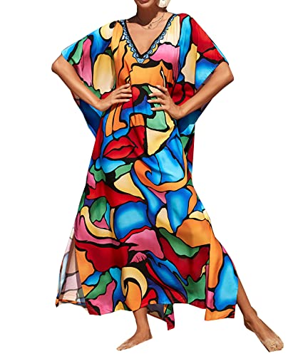 FSMO Damen Strandkleid Maxi Kimono Tunika Boho Strandponcho Lange Bikini Cover Ups Freizeitkleid Lose Kaftan Sommerkleid (Einheitsgröße, Mehrfarbig-02) von FSMO