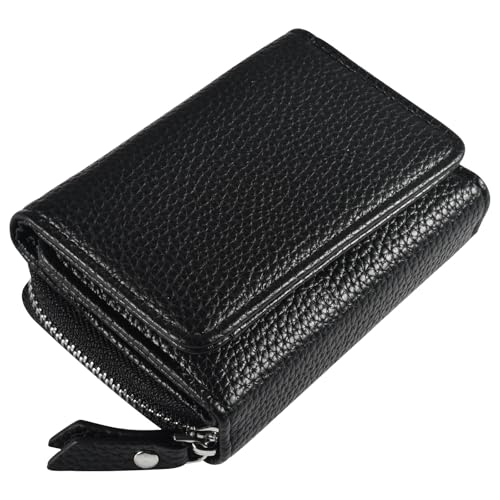 FSSPLJHYJ Schwarz Geldbörse Damen Klein Leder Kleines Portemonnaie Damen Mini Geldbeutel mit Zipper Münzfach Kartenfächer mit Mehreren Fächern von FSSPLJHYJ