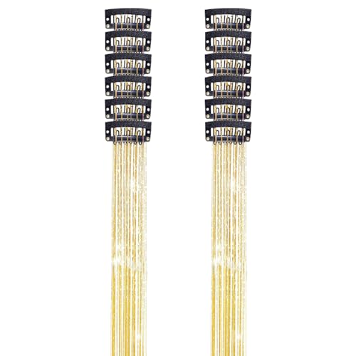 12-teiliges Lametta-Clip-Set, glitzernde Feen-Strähnen, Glitzer-Haar-Lametta-Extensions, Haar-Zug-Clips, glänzend, Flechthaar, Lametta für Damen und Mädchen, goldfarben von FSSTUD