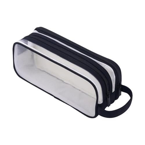 FSSTUD Großes Netz-Federmäppchen mit Reißverschluss, tragbarer Griff, großes transparentes Federmäppchen, transparente Schreibwarentasche mit 2 Fächern, Schwarz , 22.5 x 7.5 x 9.5 cm(L x W x H) von FSSTUD
