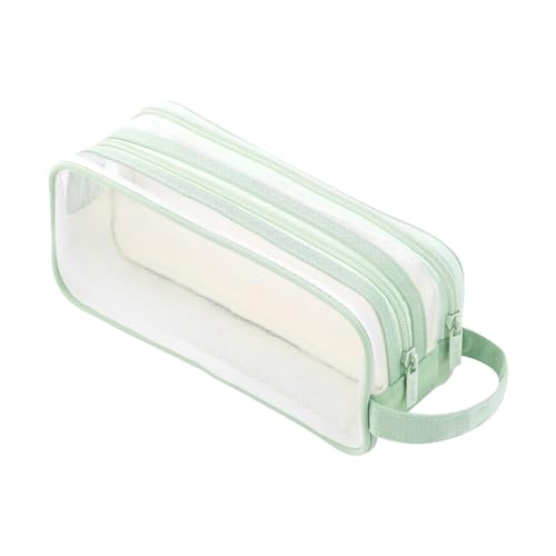 FSSTUD Großes Netz-Federmäppchen mit Reißverschluss, tragbarer Griff, großes transparentes Federmäppchen, transparente Schreibwarentasche mit 2 Fächern, lichtgrün, 22.5 x 7.5 x 9.5 cm(L x W x H) von FSSTUD