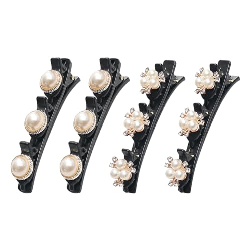 Glitzernde geflochtene Haarspangen, Perlen-Haarspangen, glitzernde Entenschnabel-Haarnadeln, Kunstperlen, Strass, Haarschmuck mit 3 kleinen Clips für Damen und Mädchen, 4 Stück von FSSTUD