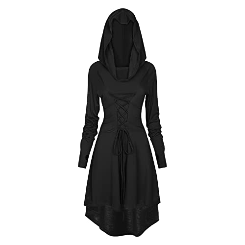 FSUJWOA Renaissance Kostüm Damen Robe Gothic Kleid Damen Mittelalter Renaissance Mit Kapuze Kleid Halloween Party Kostüm (L, Schwarz) von FSUJWOA