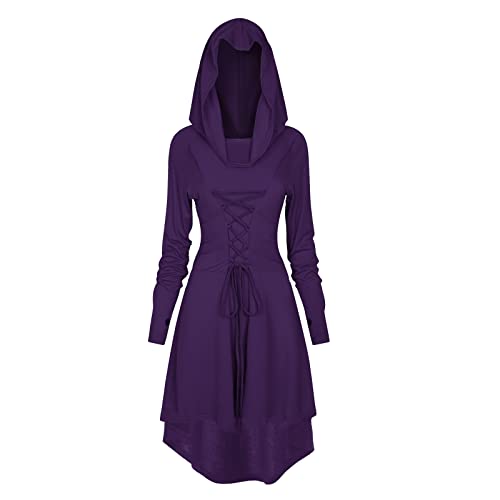 FSUJWOA Renaissance Kostüm Damen Robe Gothic Kleid Damen Mittelalter Renaissance Mit Kapuze Kleid Halloween Party Kostüm (L, Violett) von FSUJWOA