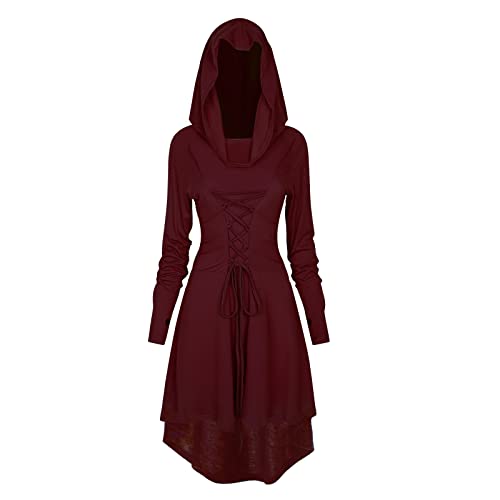 FSUJWOA Renaissance Kostüm Damen Robe Gothic Kleid Damen Mittelalter Renaissance Mit Kapuze Kleid Halloween Party Kostüm (M, rot) von FSUJWOA