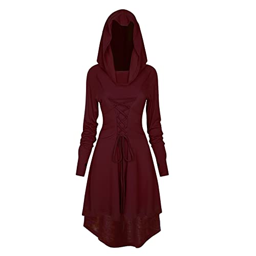 FSUJWOA Renaissance Kostüm Damen Robe Gothic Kleid Damen Mittelalter Renaissance Mit Kapuze Kleid Halloween Party Kostüm (XXL, rot) von FSUJWOA