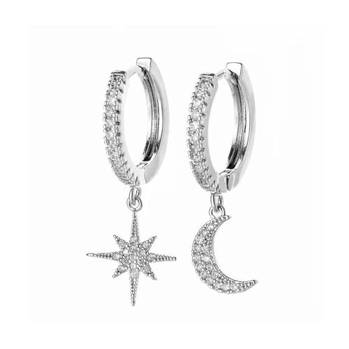 925 Sterling Silber Creolen Damen Ohrringe Hängend Klein Mit Anhänger Stern Mond Silber Ohrhänger Kreolen für Frauen Mädchen von FSYXK