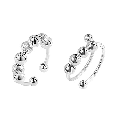 FSYXK 2pcs Silber Angst Ring Swivel Ring mit Perlen Strap Ring Damen Angst Ring Damen Swivel Ring verstellbar von FSYXK