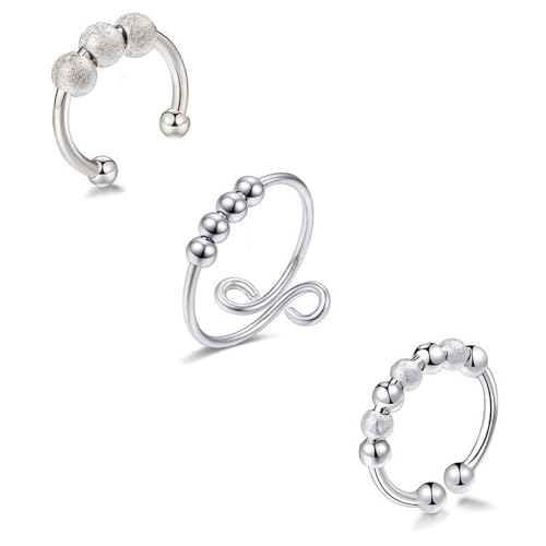 Pack of 3 Anxiety Fidget Rings, Sterling Silver Anxiety Ring for Women Girls Adjustable Spinner Beads Rings Fidget Ring von FSYXK