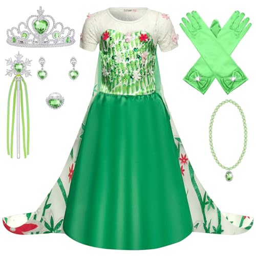 FStory&Winyee Mädchen Elsa Kostüm Kinder Prinzessin Kleid Karneval Verkleidung Party Eiskönigin Cosplay Outfit Weihnachten Fasching Frozen Kostüm Set Diadem Zauberstab Grün Blumen Mädchen Geschenk von FStory&Winyee