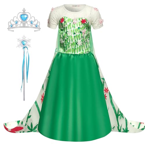 FStory&Winyee Mädchen Elsa Kostüm Kinder Prinzessin Kleid Karneval Verkleidung Party Eiskönigin Cosplay Outfit Weihnachten Fasching Frozen Kostüm Set Diadem Zauberstab Grün Blumen Mädchen Geschenk von FStory&Winyee