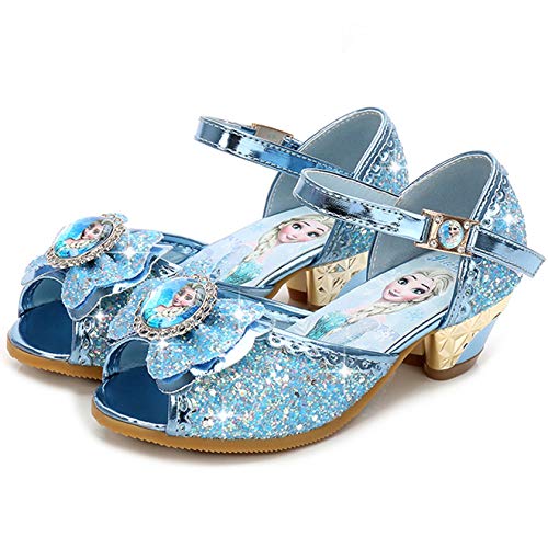 FStory&Winyee Mädchen Prinzessin Sandalen Absatz Kinder Elsa Schuhe High Heel Partei Glitzer Kristall Mädchen Eiskönigin Kostüm Karneval Verkleidung Party Aufführung Fasching Tanzball, Blau, 29 von FStory&Winyee