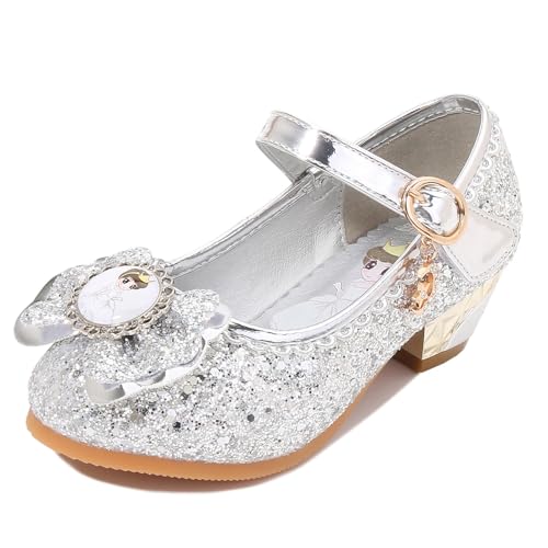 FStory&Winyee Mädchen Prinzessin Sandalen mit Absatz Kinder ELSA Schuhe Partei Glitzer Kristall Mädchen Kostüm Zubehör Karneval Verkleidung Party Aufführung Fasching Tanzball, Silber2, 26 von FStory&Winyee