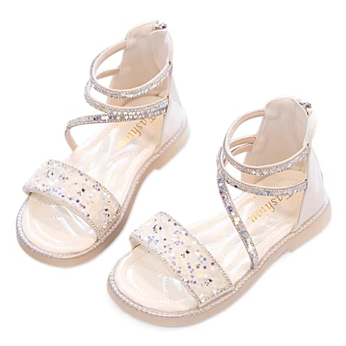 FStory&Winyee Mädchen Römersandalen Hoch Kinder Sommer Schuhe Prinzessin Sandalen Mode Flache Sandaletten Römer Sandalen mit Reißverschluss Schnürung Strass Leder Gummisohle Rosa Gold Schwarz Gr.27-37 von FStory&Winyee