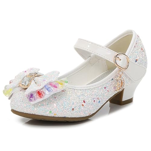 FStory&Winyee Mädchen Schuhe Festlich Prinzessin Ballerinas mit Absatz Kinder Schuhe Partei Glitzer Schleife Pailletten Sandalen Cinderella ELSA Cosplay Karneval Party Verkleiden Fasching, Weiß, 26 von FStory&Winyee