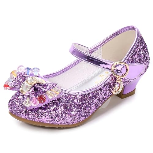 FStory&Winyee Mädchen Schuhe Festlich Prinzessin Ballerinas mit Absatz Kinder Schuhe Partei Glitzer Schleife Pailletten Sandalen Cinderella ELSA Cosplay Karneval Party Verkleiden Fasching, Lila, 29 von FStory&Winyee