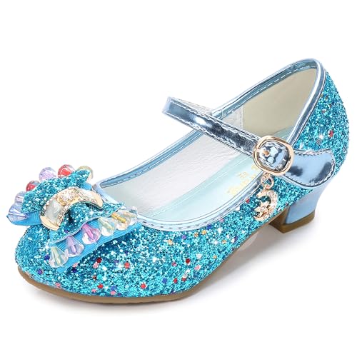 FStory&Winyee Mädchen Schuhe Festlich Prinzessin Ballerinas mit Absatz Kinder Schuhe Partei Glitzer Schleife Pailletten Sandalen Cinderella Elsa Cosplay Kostüm Karneval Party Verkleiden Fasching 26-37 von FStory&Winyee