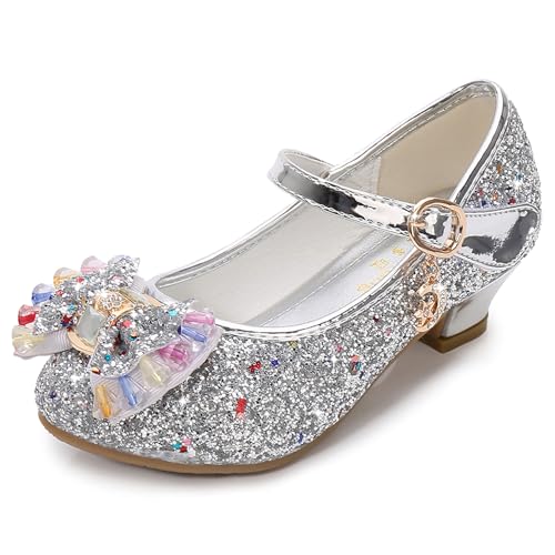 FStory&Winyee Mädchen Schuhe Festlich Prinzessin Ballerinas mit Absatz Kinder Schuhe Partei Glitzer Schleife Pailletten Sandalen Cinderella Elsa Cosplay Kostüm Karneval Party Verkleiden Fasching 26-37 von FStory&Winyee