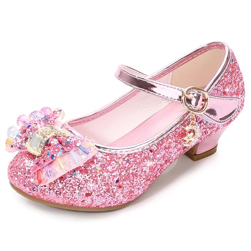 FStory&Winyee Mädchen Schuhe Festlich Prinzessin Ballerinas mit Absatz Kinder Schuhe Partei Glitzer Schleife Pailletten Sandalen Cinderella Elsa Cosplay Kostüm Karneval Party Verkleiden Fasching 26-37 von FStory&Winyee