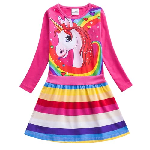 FStory&Winyee Pony Cartoon Kleid Mädchen Sommer T-Shirt Kleid Kurzarm Streifen Bunt Baumwolle Regenbogen Kleider Pferde Einhorn Print Drucken Kleid Partei Casual Dress Geburtstagsgeschenk 3-8 Jahre von FStory&Winyee