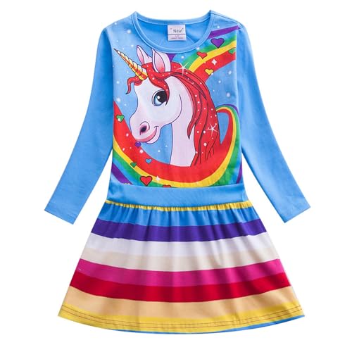 FStory&Winyee Pony Cartoon Kleid Mädchen Sommer T-Shirt Kleid Kurzarm Streifen Bunt Baumwolle Regenbogen Kleider Pferde Einhorn Print Drucken Kleid Partei Casual Dress Geburtstagsgeschenk 3-8 Jahre von FStory&Winyee