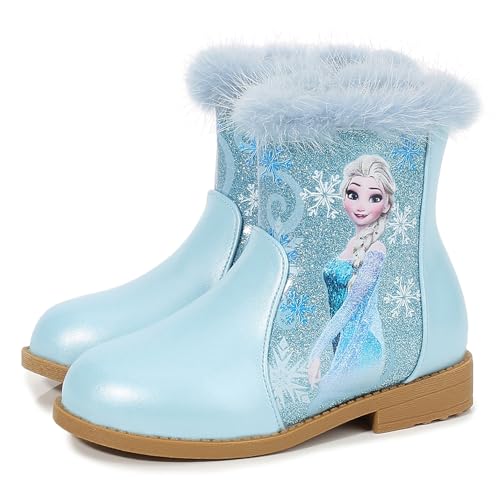 FStory&Winyee Schneestiefel Mädchen Prinzessin Schuhe ELSA Stiefel Kinder Winterstiefel mit Warmem Gefüttert Futter Gummistiefel Outdoor Schlupfstiefel Eiskönigin Kostüm Zubehör Karneval,Blau,32 EU von FStory&Winyee