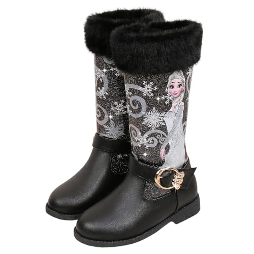 FStory&Winyee Schneestiefel Mädchen Prinzessin Schuhe ELSA Stiefel Kinder Winterstiefel mit Warmem Gefüttert Futter Gummistiefel Outdoor Schlupfstiefel Eiskönigin Kostüm Zubehör Karneval, Schwarz2,34 von FStory&Winyee