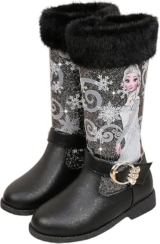 FStory&Winyee Schneestiefel Mädchen Prinzessin Schuhe Elsa Stiefel Kinder Winterstiefel mit Warmem Gefüttert Futter Gummistiefel Outdoor Schlupfstiefel Eiskönigin Kostüm Zubehör Karneval，Schwarz, 25 von FStory&Winyee