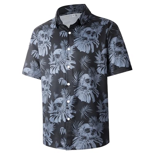 FT FENTENG Herren Casual Button Down Hemden Regular Fit Kurzarm Hawaiihemd für Männer, Schwarzer Totenkopf, XX-Large von FT FENTENG