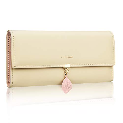 FT FUNTOR Geldbeutel Damen, PU Leder Geldbörse Große Kapazität RFID Schutz Portemonnaie Mit Blatt Anhänger, Münze Reißverschluss Lang, Multi Karten Slots (L-Reis Aprikose) von FT FUNTOR