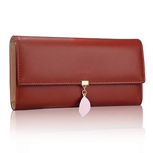 FT FUNTOR Geldbeutel Damen, PU Leder Geldbörse Große Kapazität RFID Schutz Portemonnaie Mit Blatt Anhänger, Münze Reißverschluss Lang, Multi Karten Slots (Rot) von FT FUNTOR
