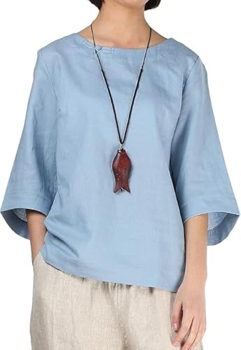 FTCayanz Bluse Damen Sommer Leinenbluse Elegant 3/4 Ärmel Strand Tunika Tops Lässig Oberteile T-Shirts Blau 2XL von FTCayanz