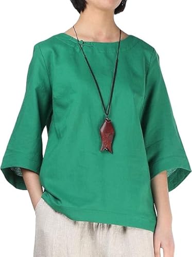 FTCayanz Bluse Damen Sommer Leinenbluse Elegant 3/4 Ärmel Strand Tunika Tops Lässig Oberteile T-Shirts Grün M von FTCayanz