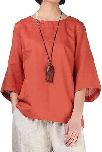 FTCayanz Bluse Damen Sommer Leinenbluse Elegant 3/4 Ärmel Strand Tunika Tops Lässig Oberteile T-Shirts Orange 2XL von FTCayanz