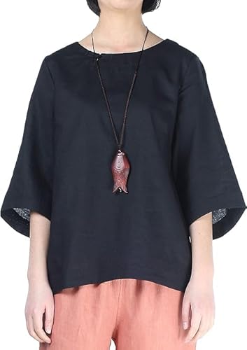 FTCayanz Bluse Damen Sommer Leinenbluse Elegant 3/4 Ärmel Strand Tunika Tops Lässig Oberteile T-Shirts Schwarz 2XL von FTCayanz