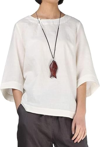 FTCayanz Bluse Damen Sommer Leinenbluse Elegant 3/4 Ärmel Strand Tunika Tops Lässig Oberteile T-Shirts Weiß M von FTCayanz