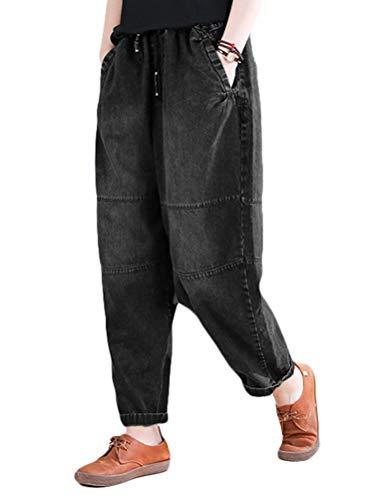 FTCayanz Damen Baggy Jeans Pull On Denim Jogger Elastische Taille Casual Haremshose mit Taschen, Jean Black, X-Groß von FTCayanz