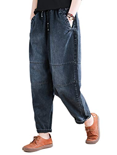 FTCayanz Damen Baggy Jeans Pull On Denim Jogger Elastische Taille Casual Haremshose mit Taschen, Jean Navy, Groß von FTCayanz